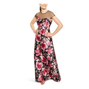 Adrianna Papell Floral Illusion Dress - Size 14 - Pink/Black Mikado Gown
